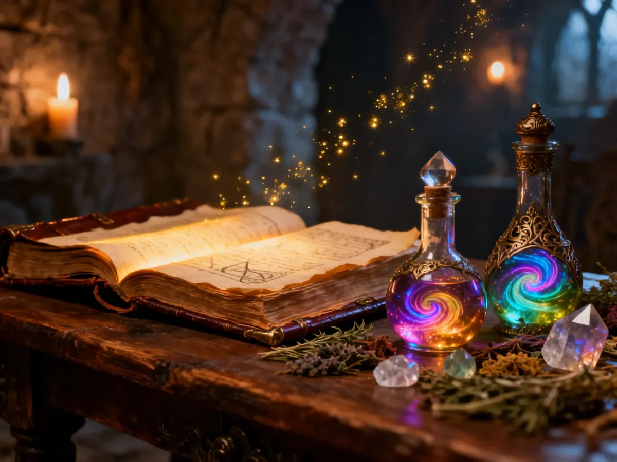 Stół z magiczną księgą zaklęć, świecącymi miksturami i ziołami w nastrojowej scenerii lochu.