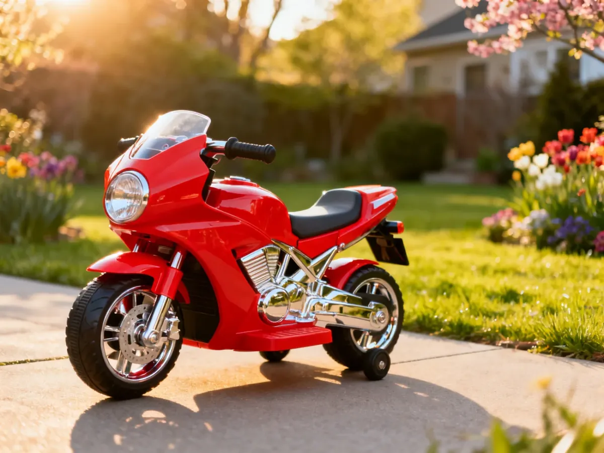 Czerwony motocykl elektryczny dla dziecka zaparkowany na podjeździe w słonecznym ogrodzie.