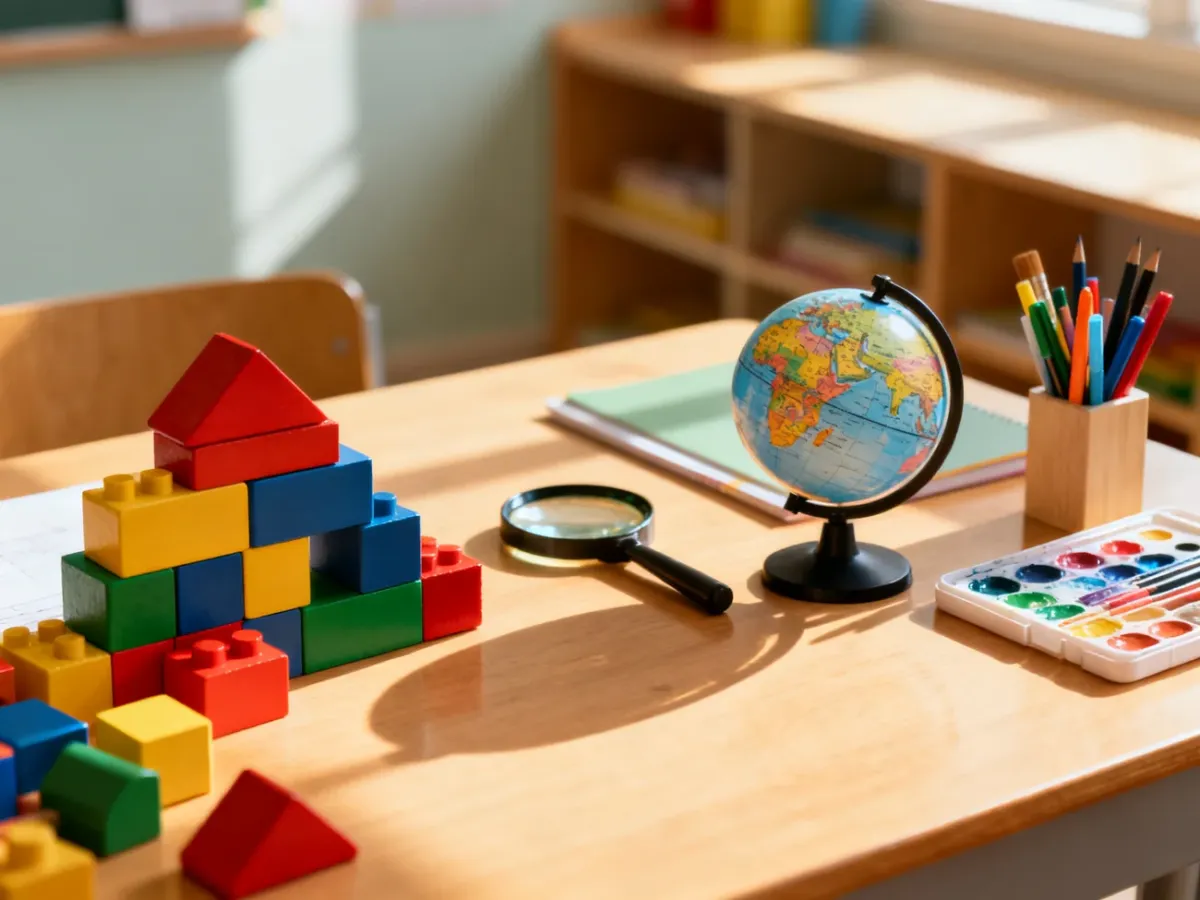 Zestaw edukacyjnych zabawek, klocków i przyborów plastycznych na drewnianym biurku, idealny dla ucznia.