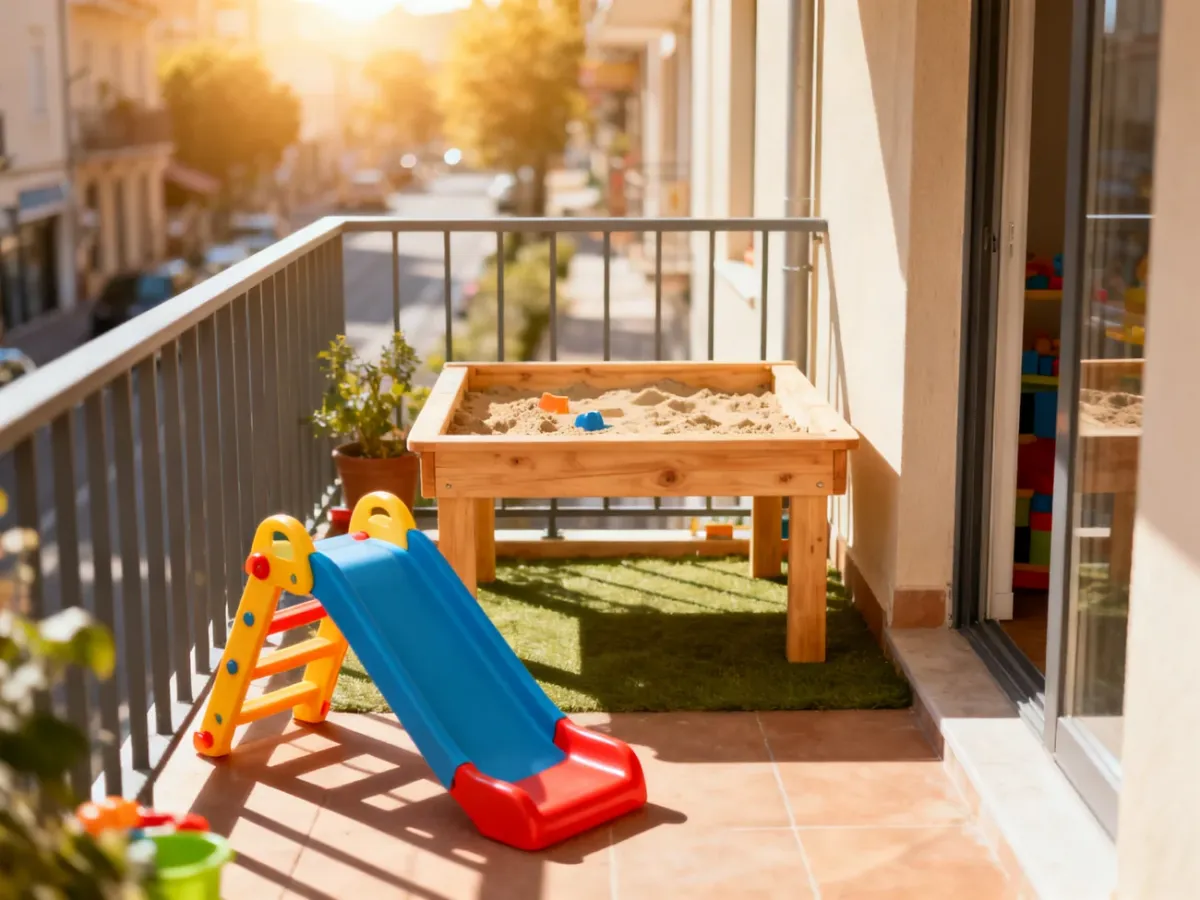 Przytulny balkon zaaranżowany na kącik zabaw z kompaktową piaskownicą i małą zjeżdżalnią, idealny do ograniczonej przestrzeni.