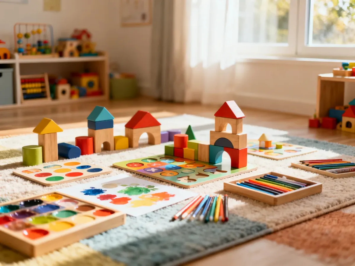 Kolorowy pokój zabaw z drewnianymi klockami, puzzlami i przyborami artystycznymi, zachęcający dzieci do kreatywnej zabawy.