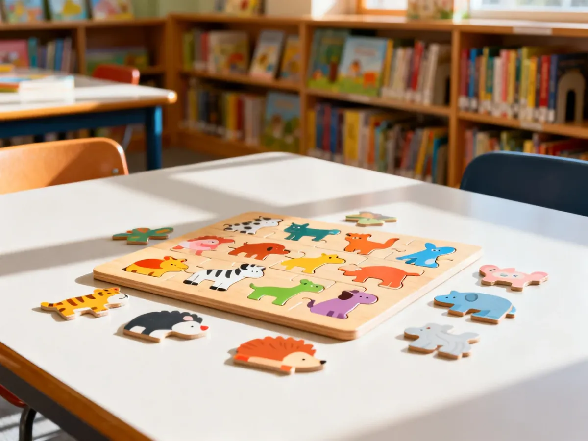 Drewniane puzzle ze zwierzętami na szkolnej ławce w słonecznej sali, zachęcające dzieci do edukacyjnej zabawy.