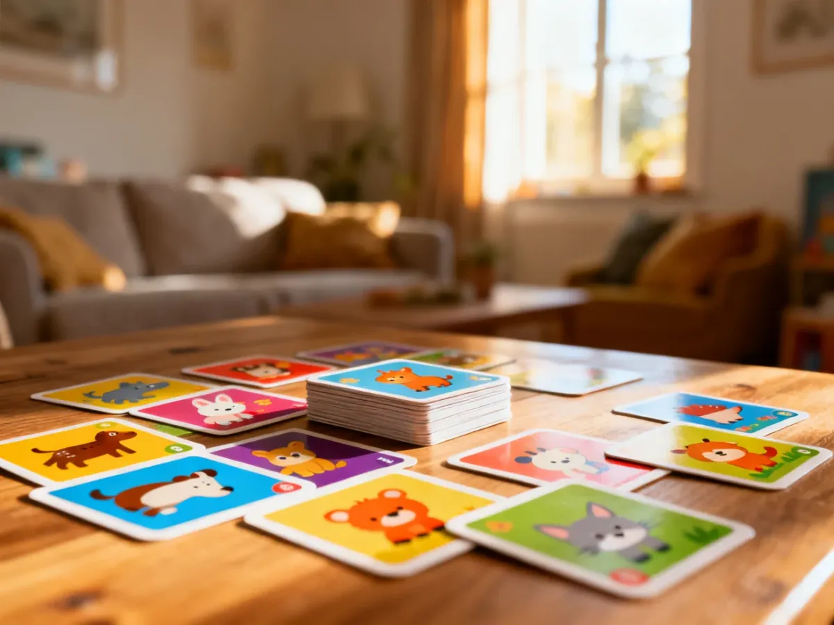 Kolorowe karty z postaciami zwierząt rozłożone na drewnianym stole, gotowe do rozpoczęcia gry Kuku Junior.