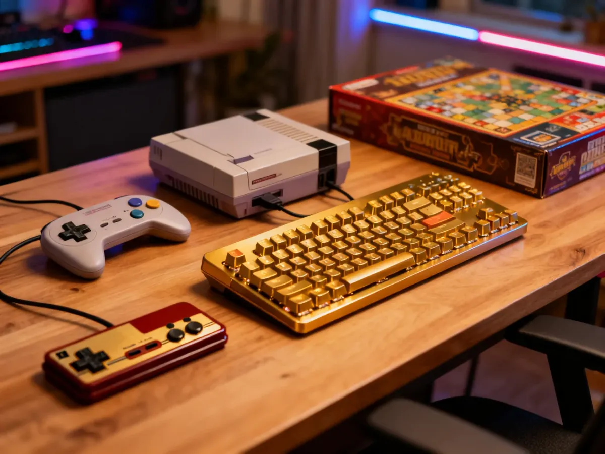 Zestaw nowoczesnego i retro sprzętu do gier na drewnianym biurku w przytulnym pokoju z nastrojowym oświetleniem LED.