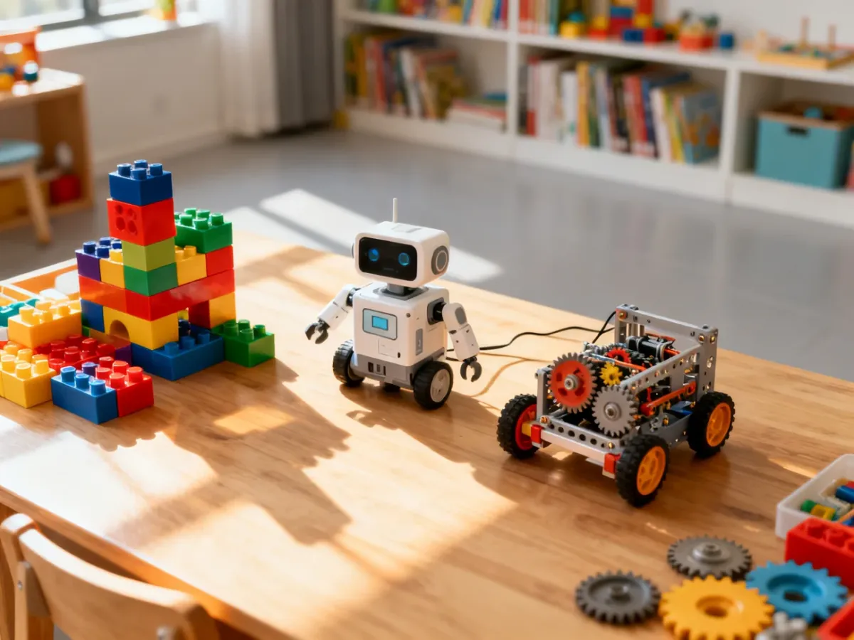 Kolorowe klocki, robot edukacyjny i zestaw kół zębatych na biurku, zachęcające dzieci do nauki poprzez zabawę STEM.