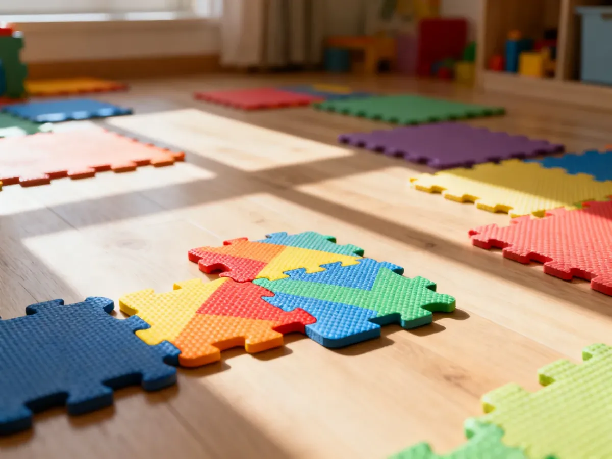 Kolorowe puzzle piankowe o różnych fakturach rozłożone na jasnej, drewnianej podłodze w słonecznym pokoju dziecięcym.
