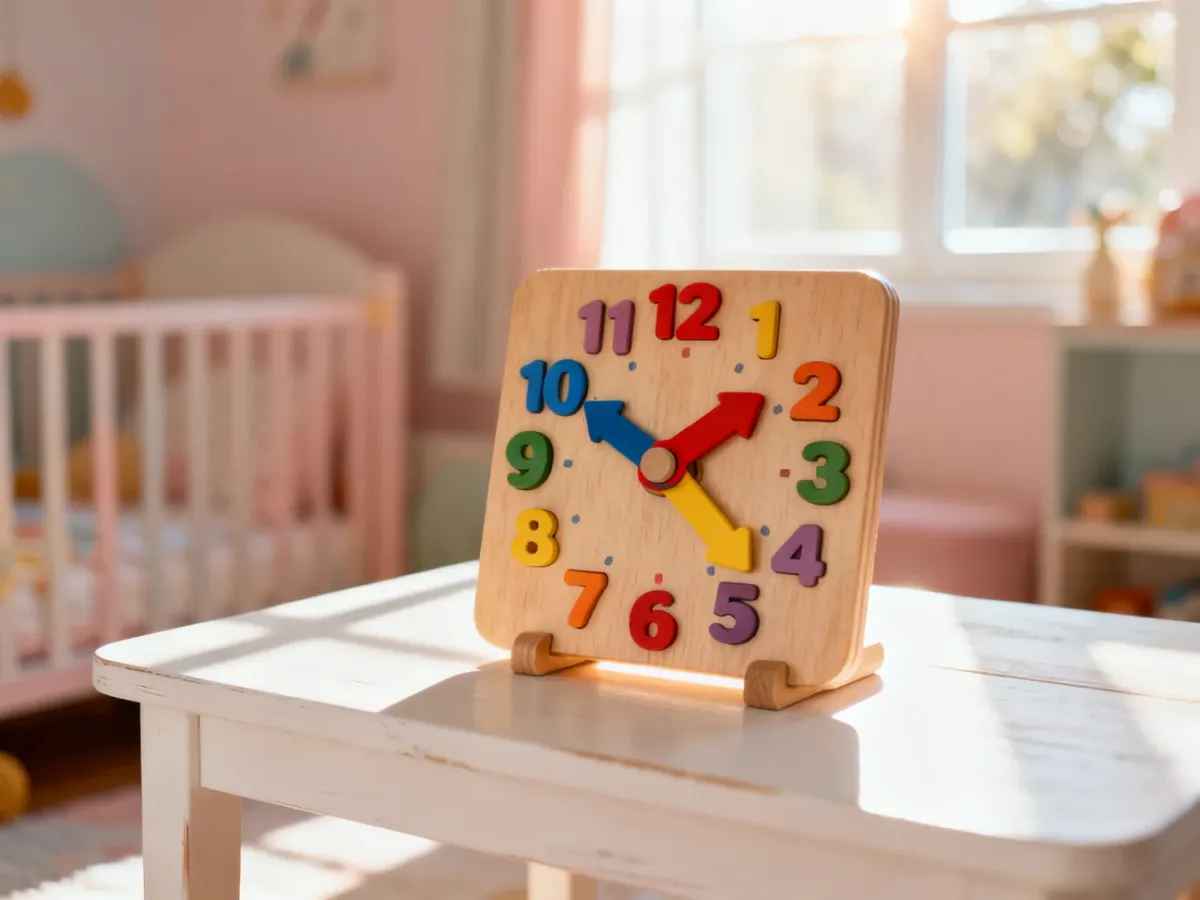 Kolorowy drewniany zegar edukacyjny z ruchomymi wskazówkami, służący do nauki odczytywania czasu przez dzieci.