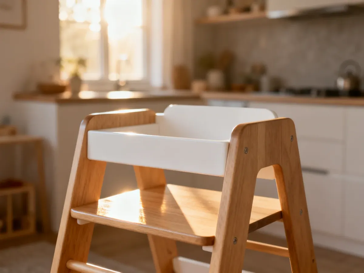 Drewniana wieża Montessori w jasnej kuchni, umożliwiająca dziecku bezpieczny udział w codziennych czynnościach.