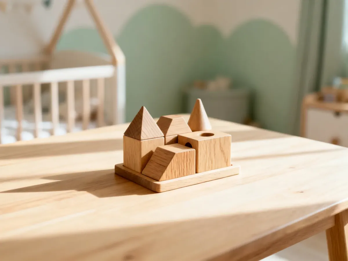 Minimalistyczny drewniany sorter kształtów Montessori na jasnym stole w przytulnym, naturalnie oświetlonym pokoju dziecięcym.