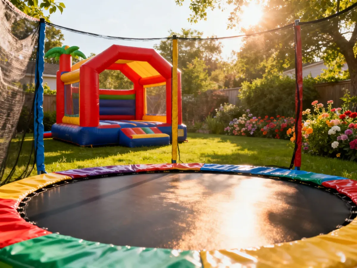 Kolorowa dmuchana trampolina z siatką zabezpieczającą ustawiona w słonecznym, zielonym ogrodzie.