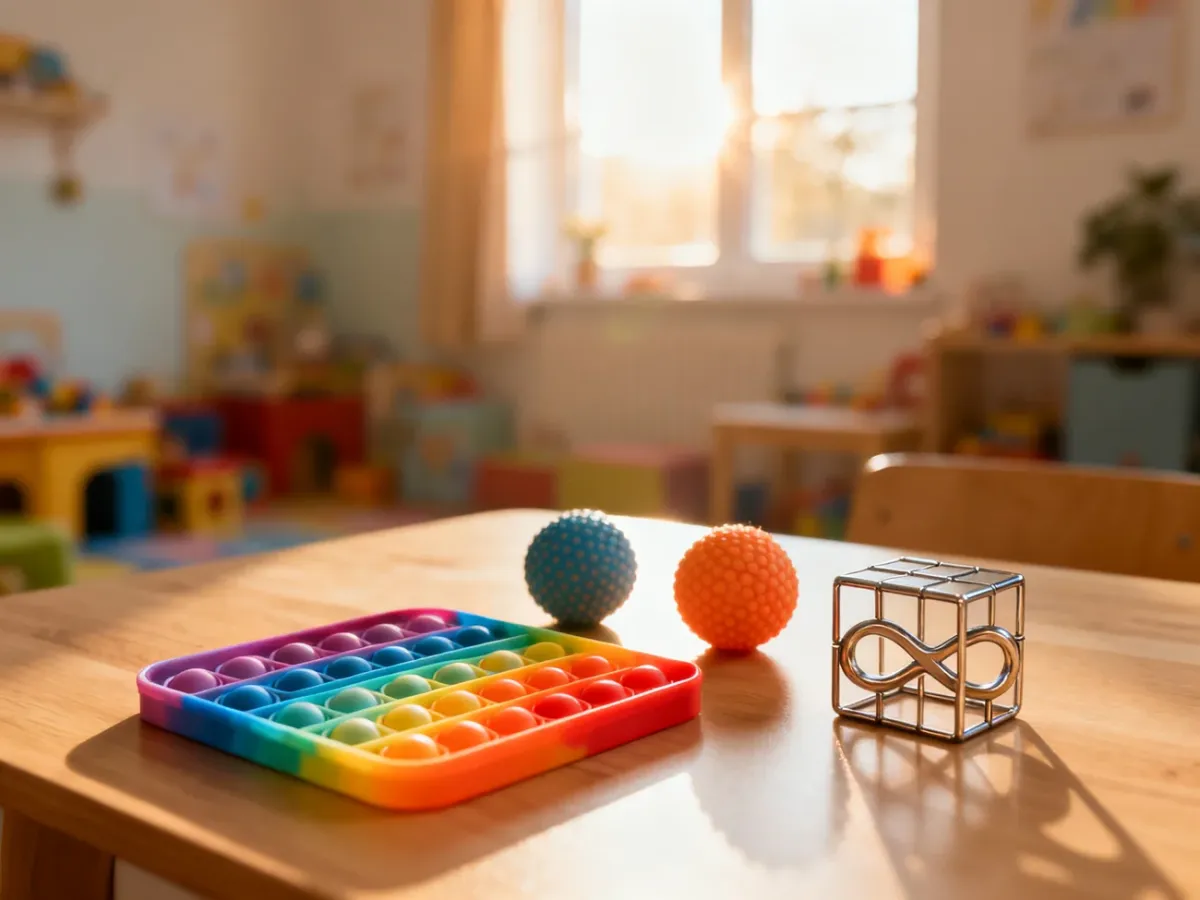 Różnorodne zabawki sensoryczne typu fidget na drewnianym biurku, wspierające koncentrację i rozwój dzieci z ADHD.