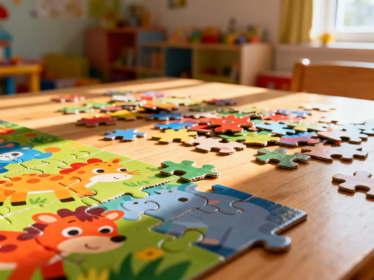 Kolorowe puzzle z motywami zwierząt rozłożone na drewnianym stole w słonecznym pokoju dziecięcym.