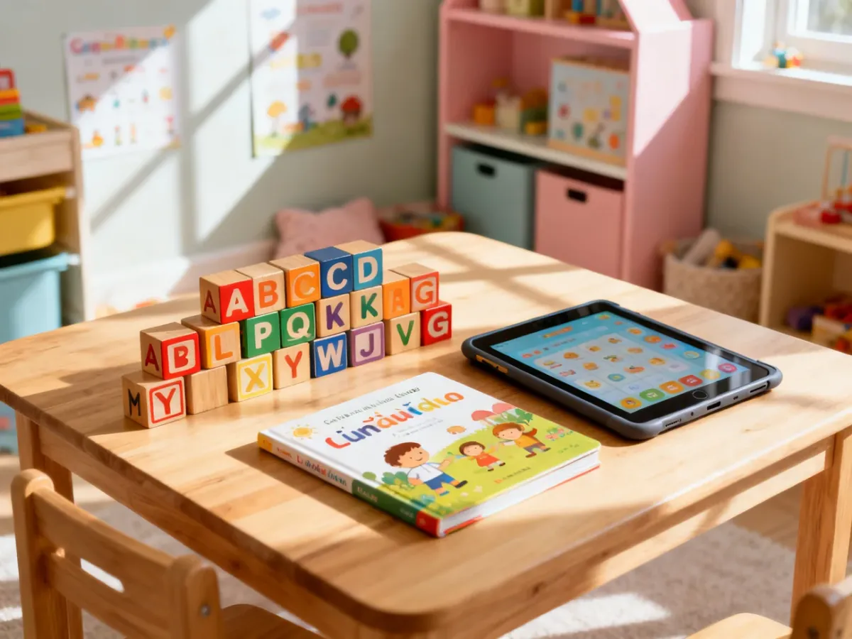 Kolorowe klocki z alfabetem, książka i tablet edukacyjny na drewnianym stole, zachęcające do nauki języka angielskiego.