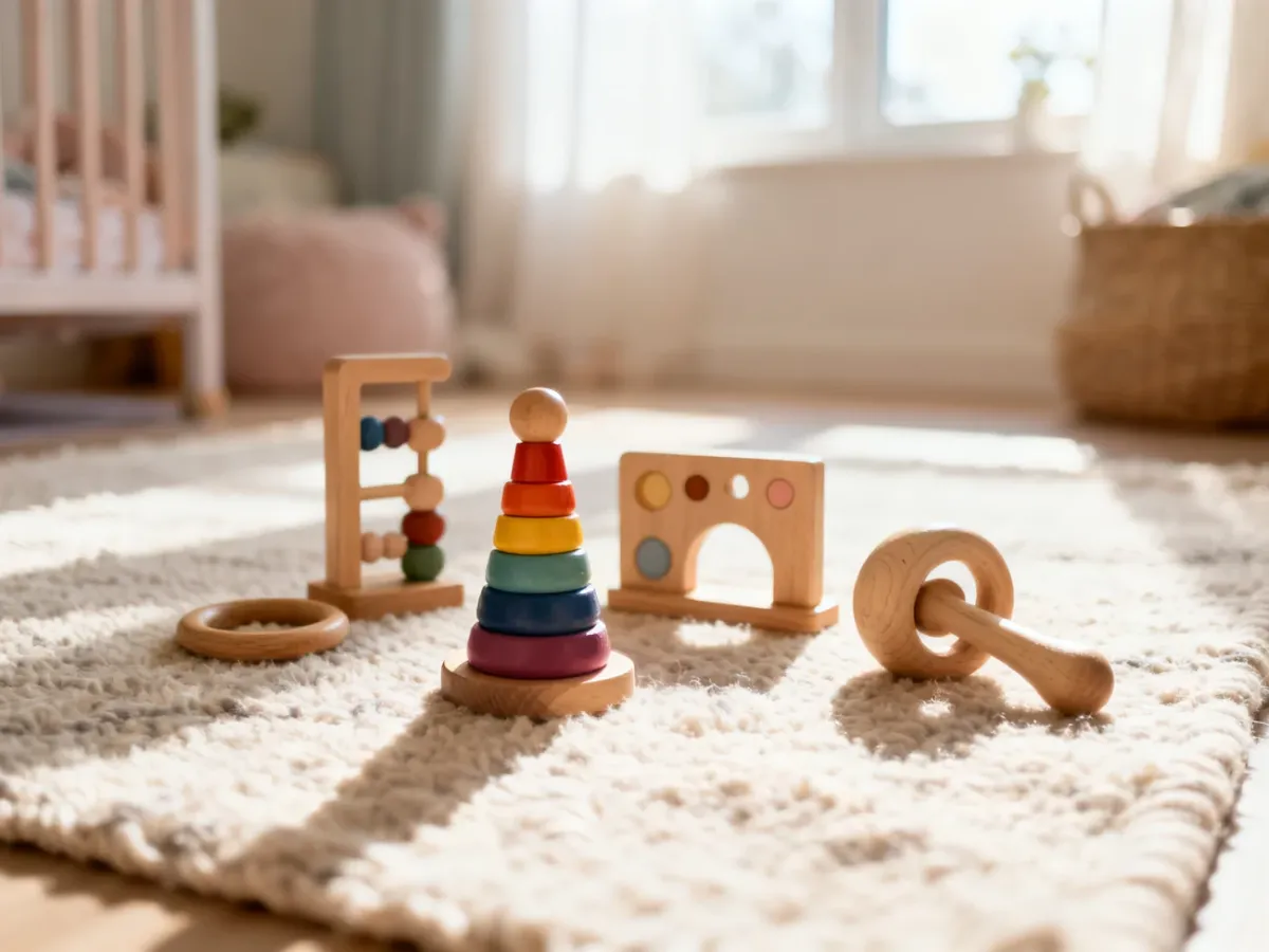 Drewniane zabawki edukacyjne w stylu Montessori ułożone na miękkim dywanie w przytulnym pokoju dziecięcym.