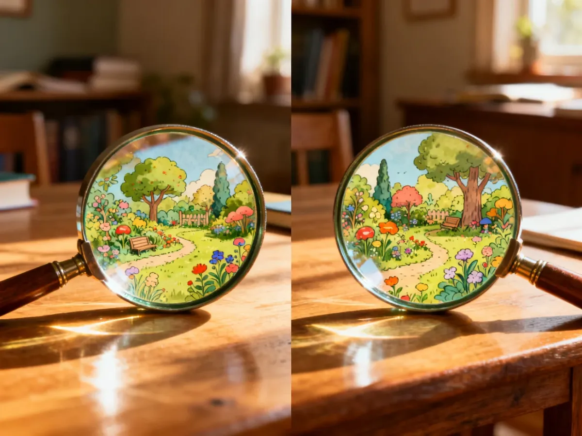 Dwie lupy na drewnianym stole nad ilustracjami ogrodu, podkreślające zabawę w szukanie różnic między obrazkami.