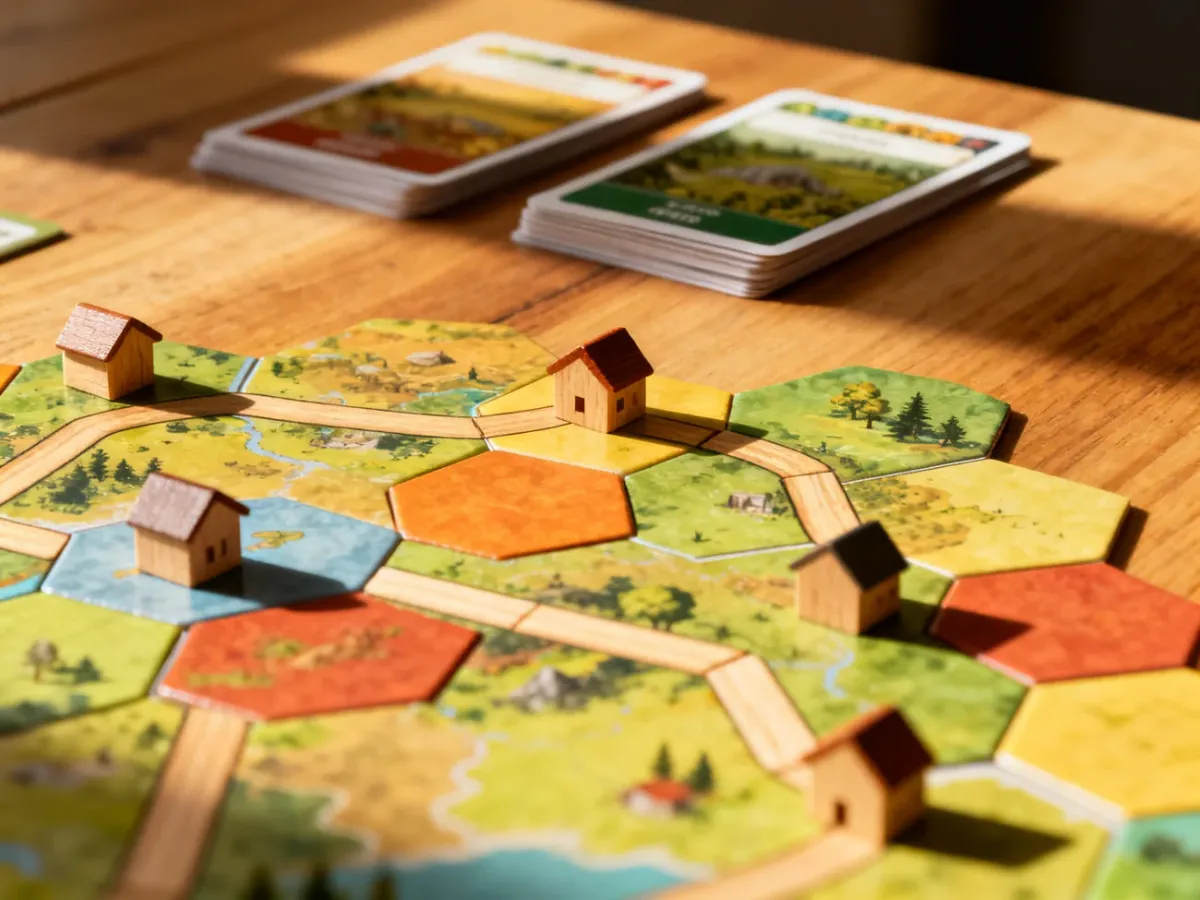 Plansza do gry w Catan z kolorowymi kafelkami, domkami i drogami, przygotowana do rozgrywki dla dwóch osób.