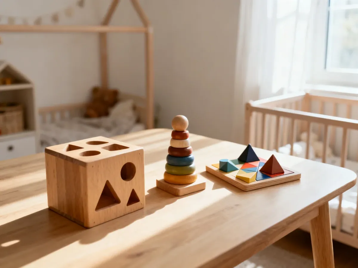 Drewniane zabawki edukacyjne typu sorter i układanki na jasnym stole w przytulnym pokoju dziecięcym w stylu Montessori.