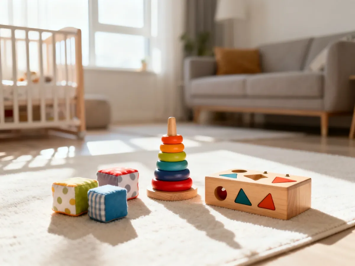 Zestaw drewnianych zabawek edukacyjnych, w tym sorter i klocki, idealnych do wspierania rozwoju dziecka w wieku 9-12 miesięcy.