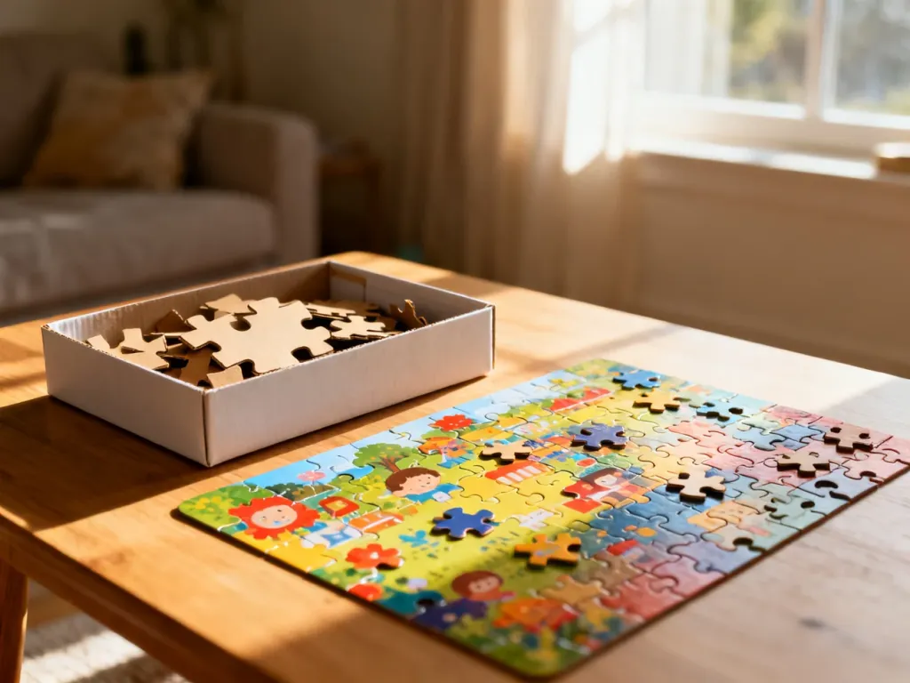 Dwa zestawy puzzli na drewnianym stole: drobne elementy dla starszaka oraz duże, bezpieczne klocki dla malucha.
