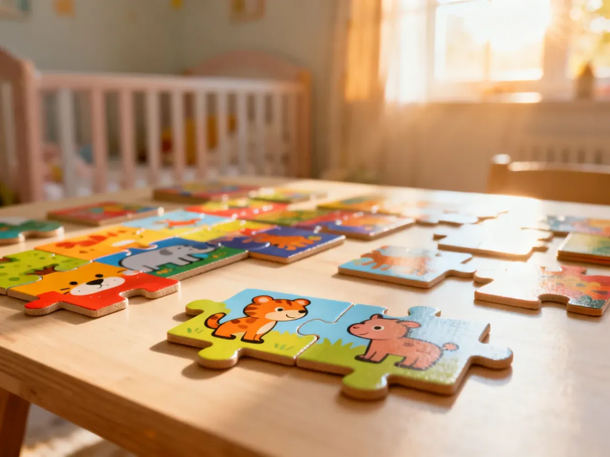 Kolorowe drewniane puzzle z obrazkami zwierząt rozłożone na jasnym stole w przytulnym pokoju dziecięcym.