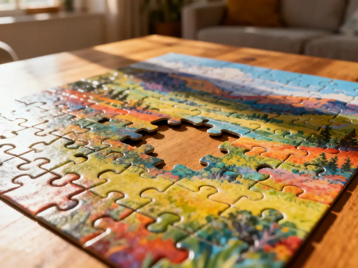 Ułożone puzzle z wyraźnym, pustym miejscem po brakującym elemencie na drewnianym stole.